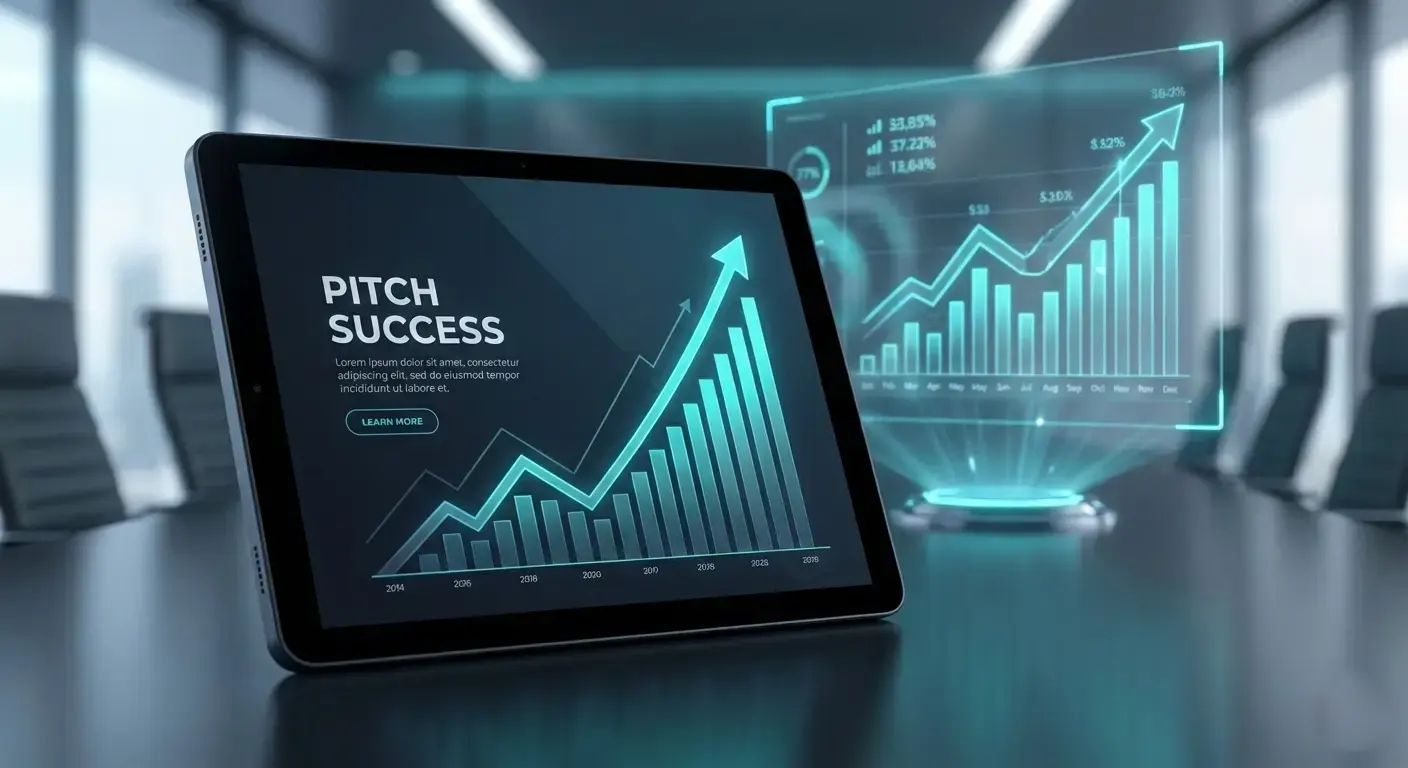 Portada de pitch deck con graficos y estructura de diapositiva para presentacion comercial o de inversion