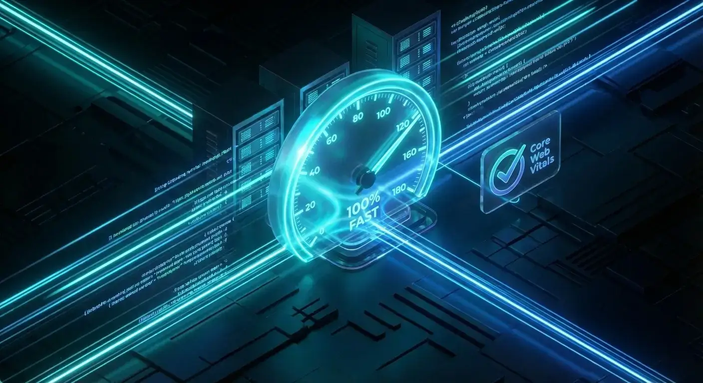 Grafica de rendimiento web con tendencia ascendente que simboliza mejora de velocidad y Core Web Vitals