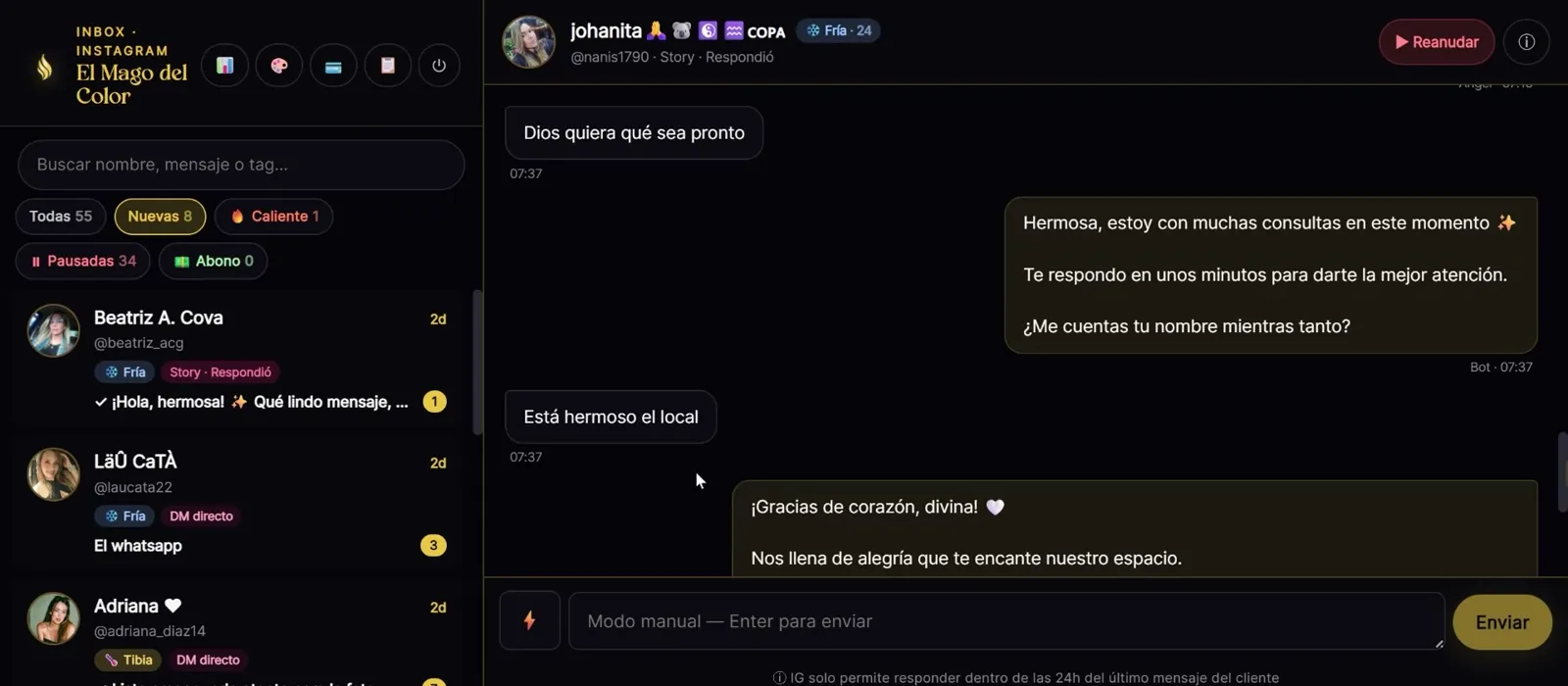 Inbox unificado Â· DMs, historias y comentarios